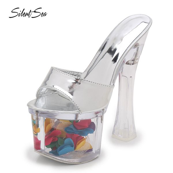 

silentsea 2020 women slippers summer flower crystal shoes thin heels 17cm transparent sandals daily high heel womens, Black