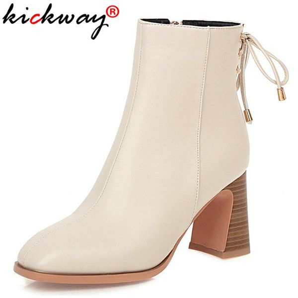 

boots kickway black ankle for women thick heels spring autumn pu leather high shoes zipper ladies botas mujer