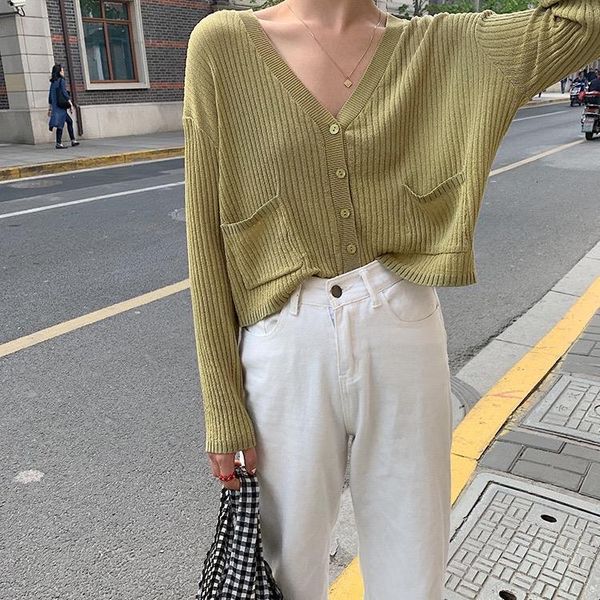 

women v-neck knitted casual sweaters cardigans lady full sleeve pockets thin outwear cardigan crop for female fl853, White;black