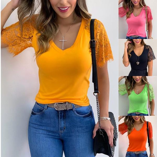 

lace tees fashion womens solid color v neck t shirt casual slim clothes ladies panelled, White