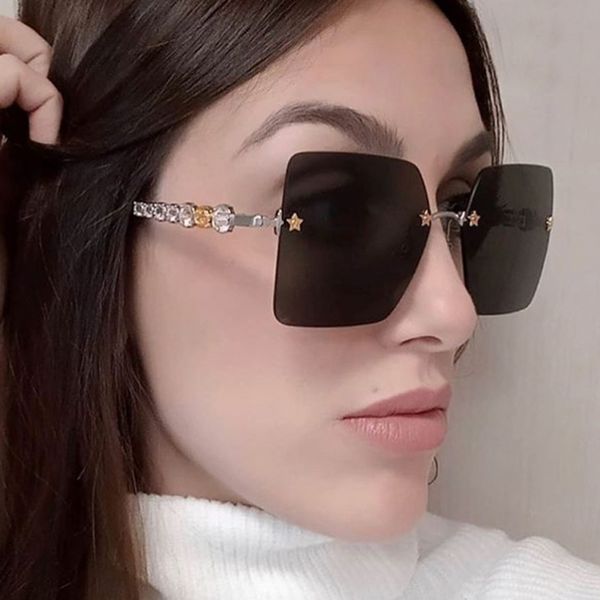 

rimless polygon star rivet sunglasses for women square crystal cat eye sun glasses female oversized alloy eyewear, White;black