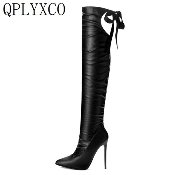 

qplyxco leather shoes woman knee high boots stiletto high heels12cm pump autumn winter boots women riding 8760, Black