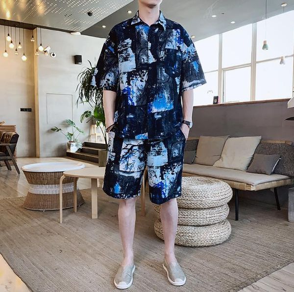 

camouflage two pieces summer retro tracksuits chinese style mens 2pcs sets short pants short shirt, Gray