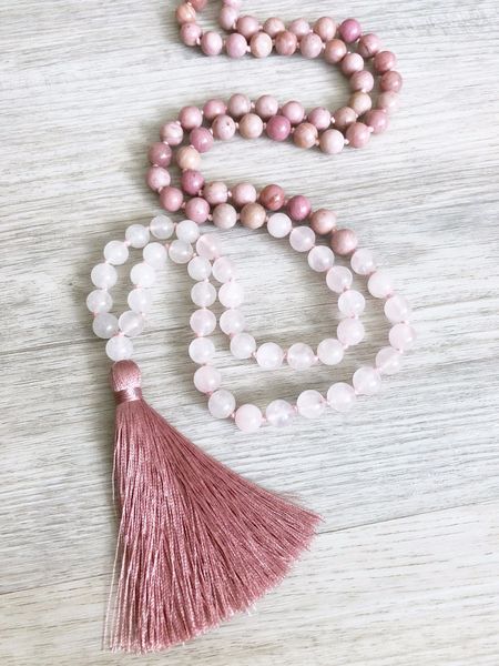 

rhodonite & rosequartz necklace 108 mala beads necklace hand knotted necklaces taeesl necklaces prayer meditation beads mx200810, Silver