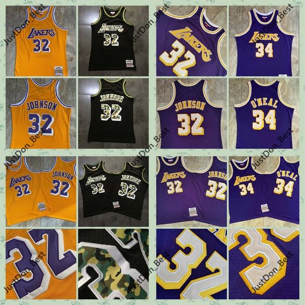 

mens magic johnson 32 1984-85 shaquille o neal 34 1996-97 los angeles lakers shirts mitchell & ness stitched basketball jersey, Black;red