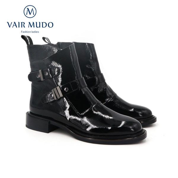 

vair mudo 2020 new autumn winter motorcycle boots patent leather low heel ankle boots shoes women black short plush footweardx18