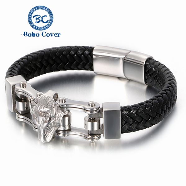 

tennis men's lion wolf head charm bracelet weave genuine leather bangle fashion men jewelry accessories male stainless steel wristband, Golden;silver
