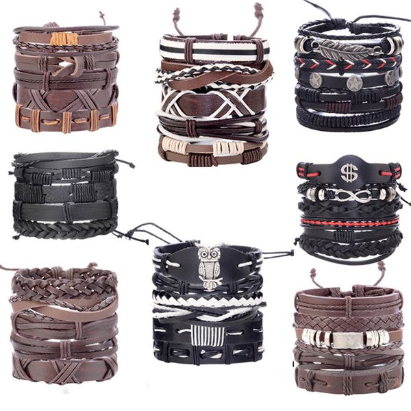 

fashion men retro multilayer bracelets wrap leaf long handsome trend leather bracelets chain bangles hand accessories, Golden;silver