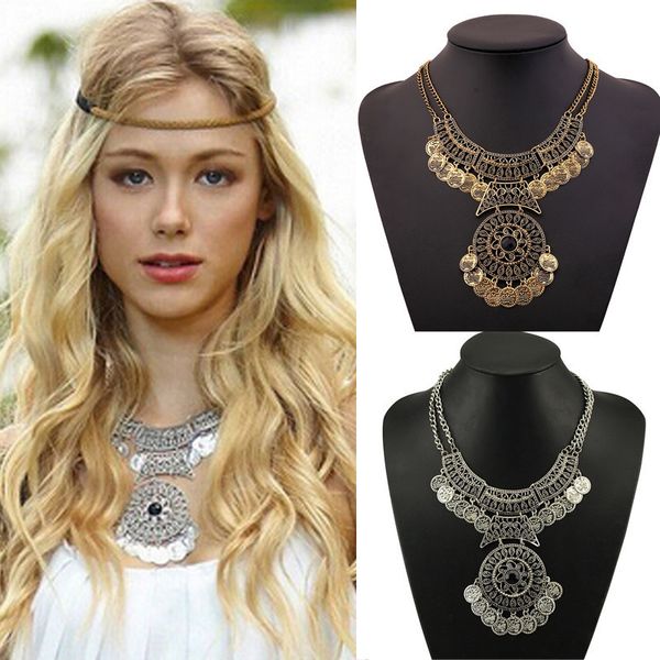 

chokers bohemian vintage double chain coin statement necklace 2021 women gypsy ethnic turkish jewelry collares collier femme, Golden;silver