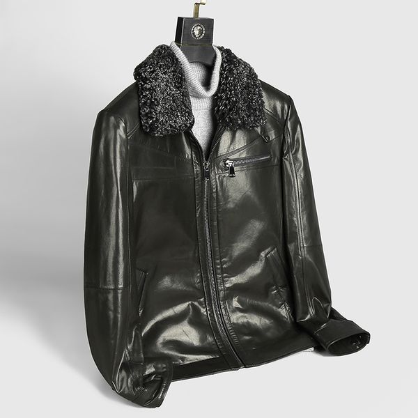 

2020 new genuine leather jacket men winter goatskin leather coat wool collar men's down jackets slim s9xjpr002 kj3515, Black