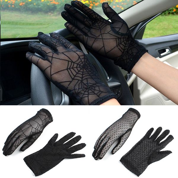 

five fingers gloves elegant lady dance summer women lace mesh black drivng anti uv sunscreen full finger, Blue;gray