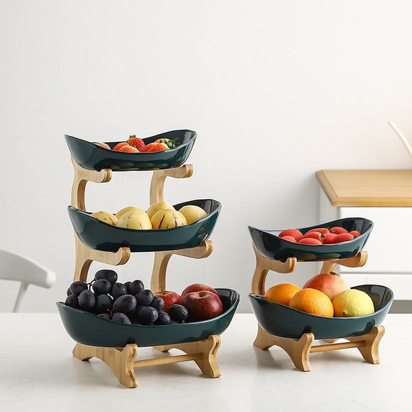 

malachite green double layer three-layer fruit plate dried fruit tray bamboo and wood rack household plate sushi factory