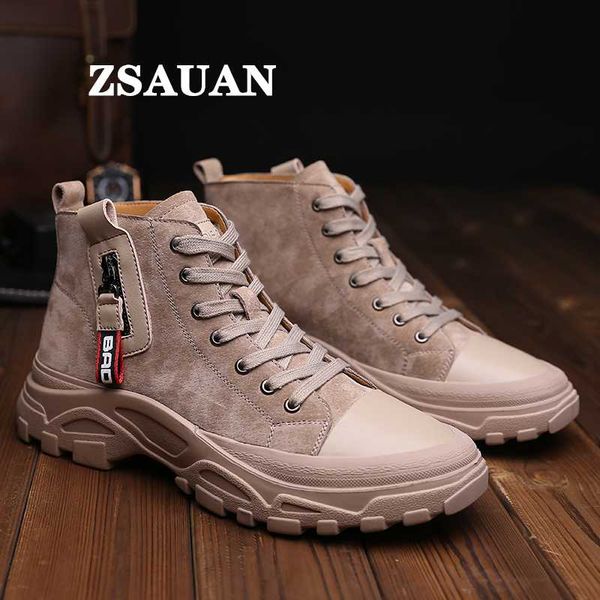 

zsauan khaki black men casual leather boots high ankle young men trendy boots leisure korea style thick sole shoes