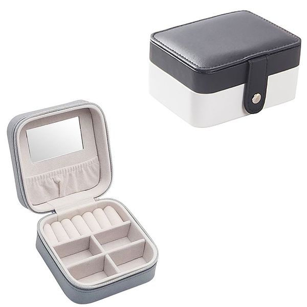 

2pcs jewelry box pu portable earring ring organizer zipper women jewellry display box - black white & gray, Pink;blue