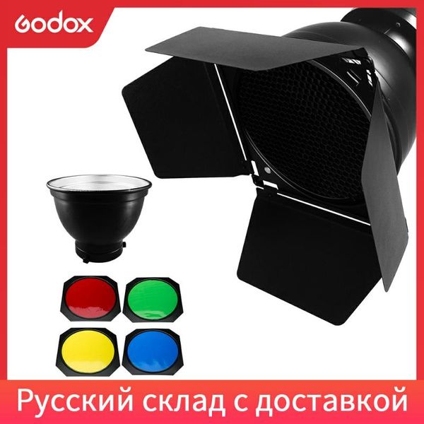 

godox bd-04 barn door honeycomb grid 4 color filter + bowens mount reflector for studio flash light