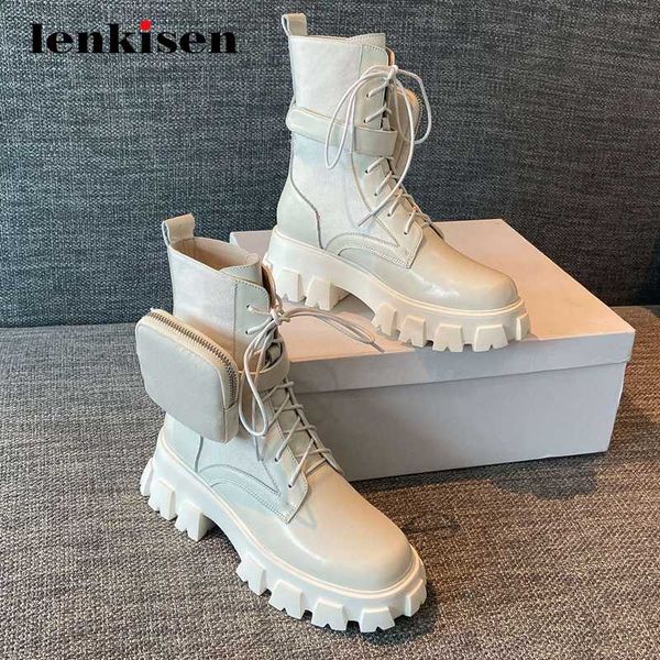 

lenkisen motorcycle boots pocket decorations waterproof handsome thick high heel round toe lace up energy lady ankle boots l13, Black