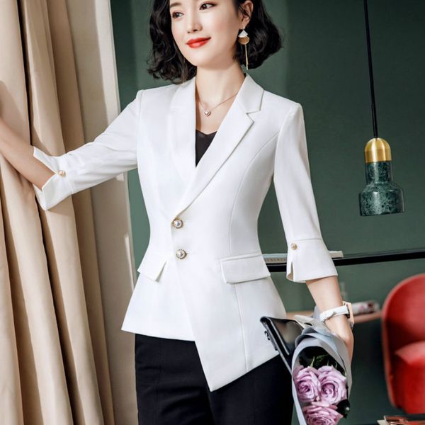 

2020 new fashionable women's office suit high-quality fabric single-breasted feminine jacket casual half sleeve blazer female, White;black