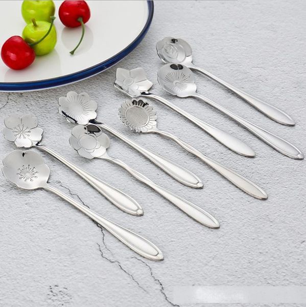 

stainless steel siver color coffee spoons cherry blossom rose sunflower spoons creative flower shape stainless steel spoons