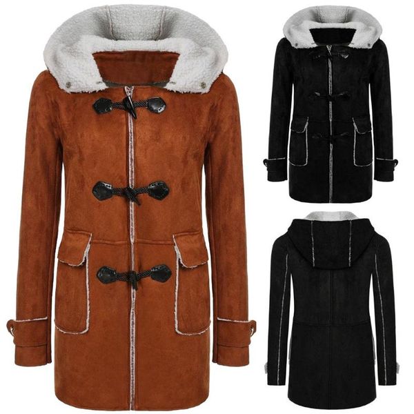 

bzoosio женской моды открытого капюшон пальто локомотив horn пряжка замша faux fur ягненок руно карман outwear теплого длинного жакет f1, Black