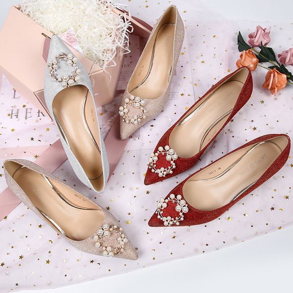 

dress shoes autumn wedding women pearls beading sequined cloth 3.5/5/6.5cm high heels pinted toe party elegant solid red silver gold, Black