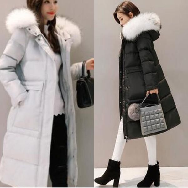 

women's down & parkas winter size 3xl long women jacket thicken warm white duck coat fashion hooded fur collar outerwear, Black