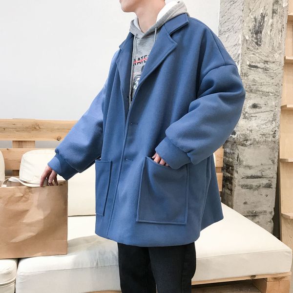 

зима корейский шерстяное пальто мужская мода solid color повседневный шерстяная куртка мужчины streetwear сыпучие длинные пальто мужские пал, Black
