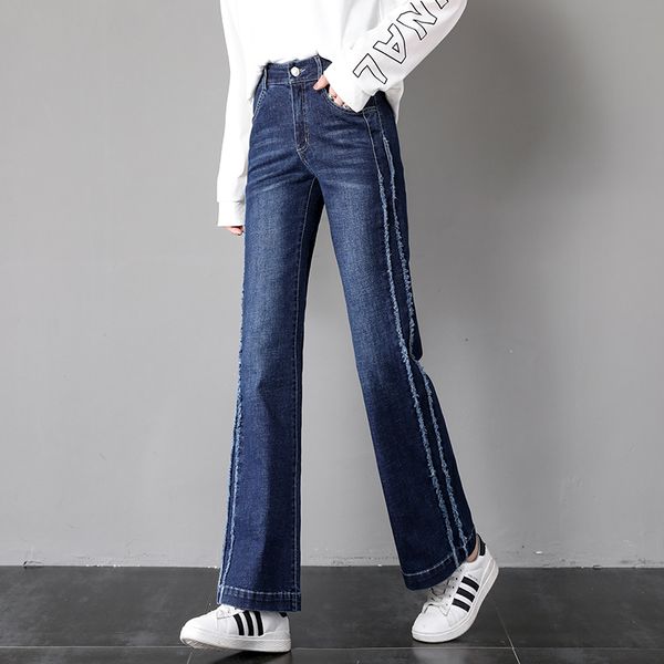 

qiukichonson high waist korean style women straight jeans 2020 spring side stripe patchwork stretch wide leg flare jeans, Blue