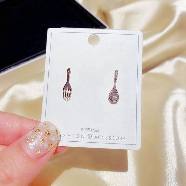 

exquisite ab style cute spoon fork earrings for women rose gold color cubic zircon stud earrings gift jewlry, Golden;silver