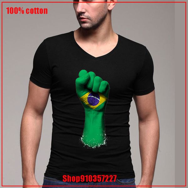 

flag of brazil on a raised clenched fist v-neck t shirt short sleeve shirt men cotton tee shirt homme mens