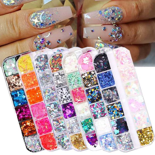 

nail glitter 12 grids/pcs sequins butterfly flakes shiny round hexagon holographics paillette sequin art decoration, Silver;gold