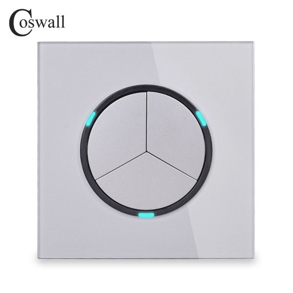 

smart home control coswall 3 gang 1 way random click push on / off wall light switch with led indicator tempered crystal glass panel 16a gre