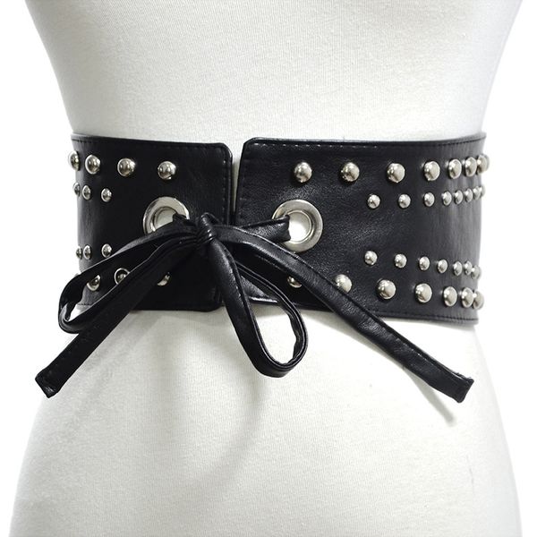 

new luxury ladies wide belt elastic vintage punk rivet pu leather fashion wild pin buckle women's black belt waist seal, Black;brown