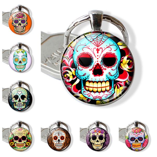 

wg 1pc skull time gem&stone cabochon keychain metal glass ball keychain keyring pendant accessories for friendship jewelry, Silver