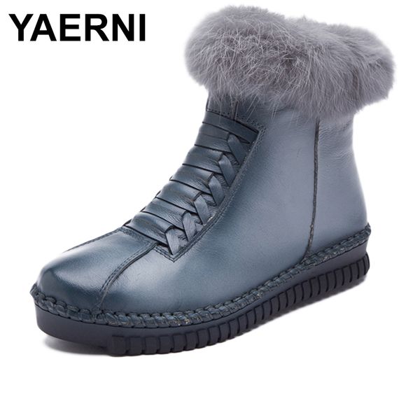 

boots yaerni 2021 handmade women genuine leather fashion solid ankle flats woman casual vintage winter, Black