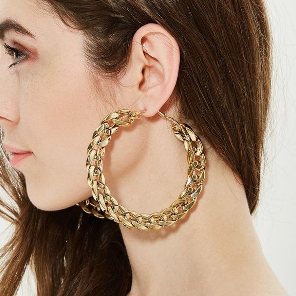

hoop & huggie aensoa simple gold color big round metal earring fashion circle chain earrings for women party nightclub jewelry, Golden;silver