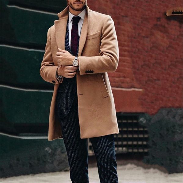

slim solid color designer mens wool lapel neck single breasted outerwear winter casual male clothing dropshipping, Black