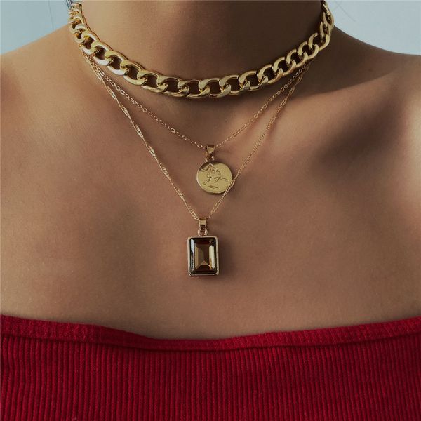 

vintage gold yellow big stone portrait chain multilayer pendant necklace for women girl metal geometric charm necklaces collares, Silver