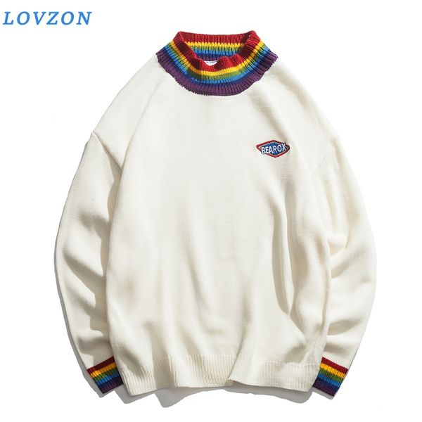 

lovzon rainbow collar pullover men's half turtleneck sweater winter loose style sweater for men high street sweaters, White;black