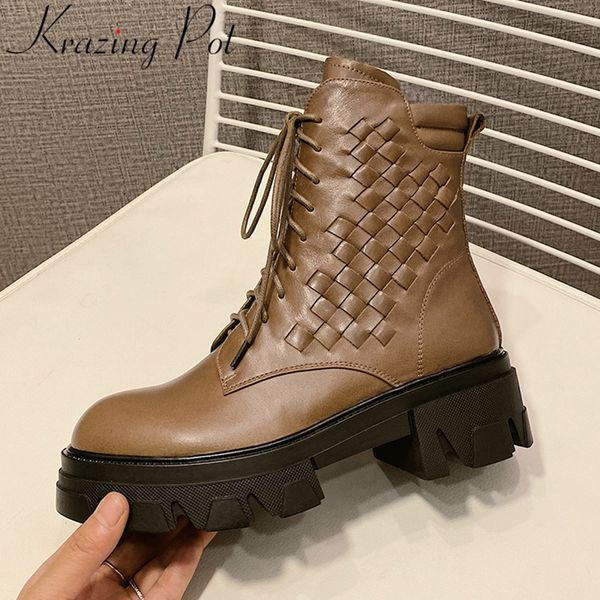 

krazing pot cow leather zipper high heels cool office lady nightclub winter shoes vintage platform ankle boots l12, Black