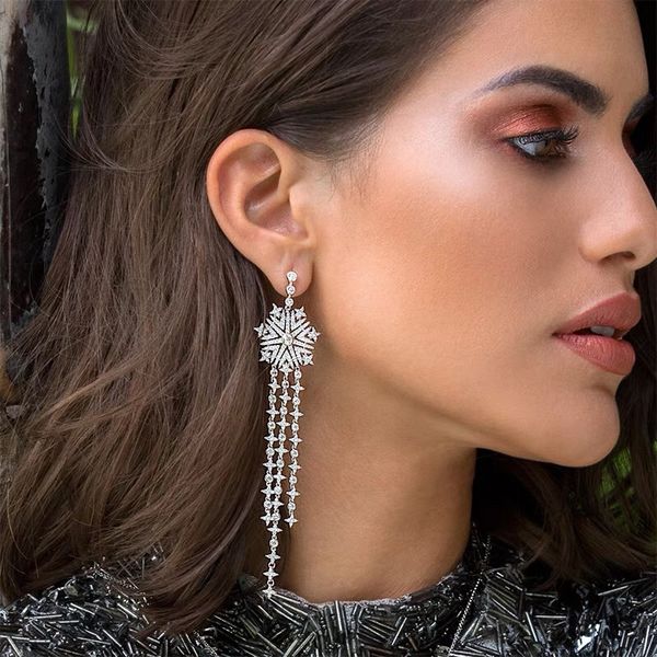 

xiumeiyizu snowflake tassel long earrings paved luxury cubic zirconia earrings fashion wedding gold/rhodium plating jewelry, Silver
