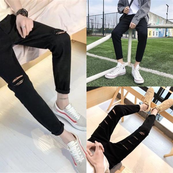 

рваные джинсы мужские стрейч slim fit брюки нан ши kuelastic pantsmen корейских стиль ультрамодные 9 очков black 9 очков нищий штаны cuvt7, Blue