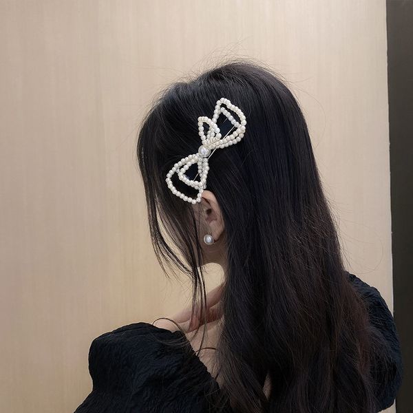 

aomu sweet vintage big pearl bowknot hairpins fashion hyperbole butterfly spring clip pearl hairgrips for women girl hair clips, Golden;silver