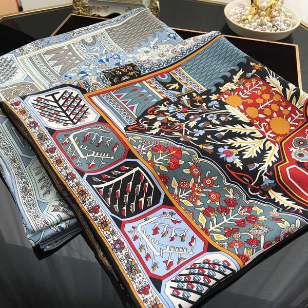 

carpet print 100% silk scarf shawl cape women large square silk wraps sarves foulard 135x135cm, Blue;gray