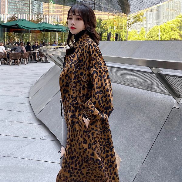 

2020 women's casual long leopard trench coat spring autumn vintage drawstring waist windbreaker outerwear for woman g198, Tan;black