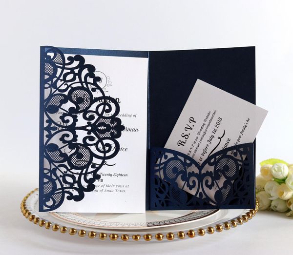 

100pcs european laser cut wedding invitations card elegant tri-fold lace business greeting cards wedding party favor decoration t200714