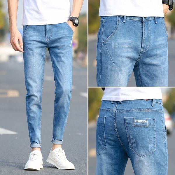 

summer 2020 men's jeans slim fit feet summer thin casual jeans and jeanstrousers and jeansmen's long pants korean style versatile, Blue