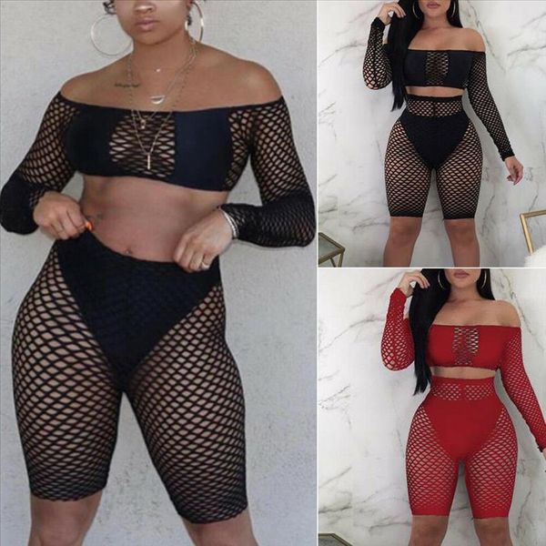 

2019 fashion women ladies crochet mesh long sleeve see through mesh fishnet crop night shorts bottoms set, Gray