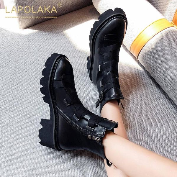 

lapolaka fashion new genuine cow leather ankle boots woman shoes zip up chunky heels platform comfortable office shoes ladies, Black