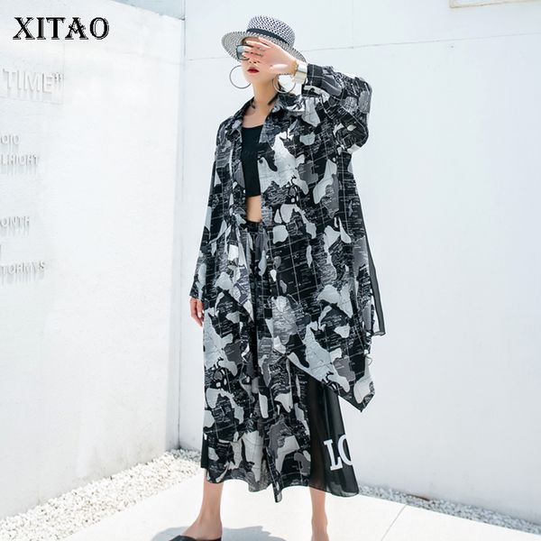 

xitao print patchwork plus size two piece set women loose fashion irregular letter elastic waist 2020 autumn streetwear zp1861, Gray