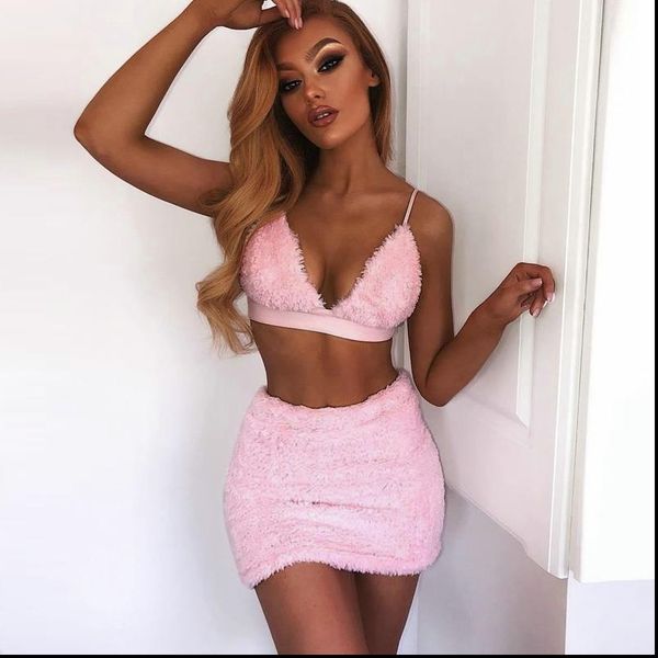 

женщины плюшевые два бюстие sexy v шея холтер узелок backless бюстгальтер crop top высокой талия тонкая мини юбка лето soft, Gray